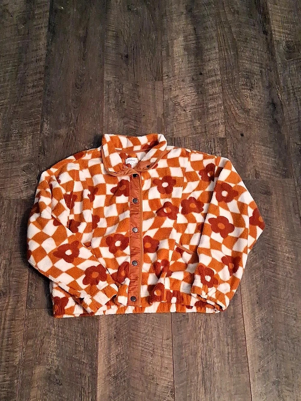 Weekends Checkered Floral Teddy Jacket in Orange & White Size Small
